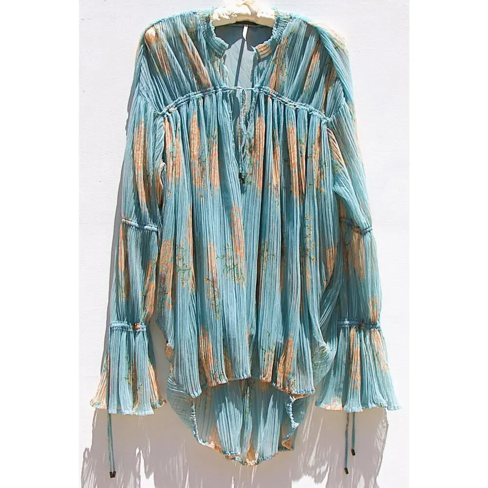 Free People Dahlia Tunic Dress Top – Blue Sheer Floral – Long Sleeve – Women’s M